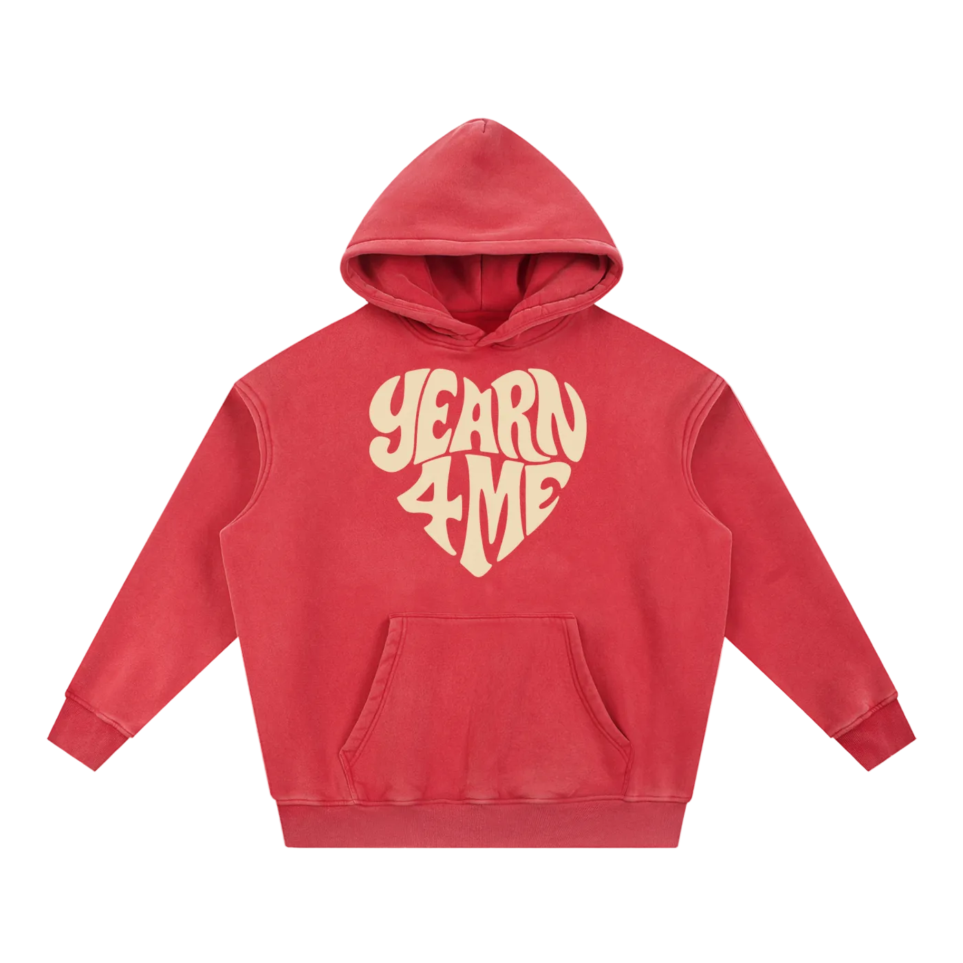 Red snow washed hoodie with 'YEARN4ME' text in a heart shape on a white background