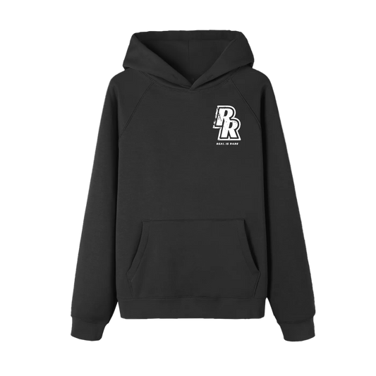 Black hoodie with signature "Double R" Real Is Rare logo. 
